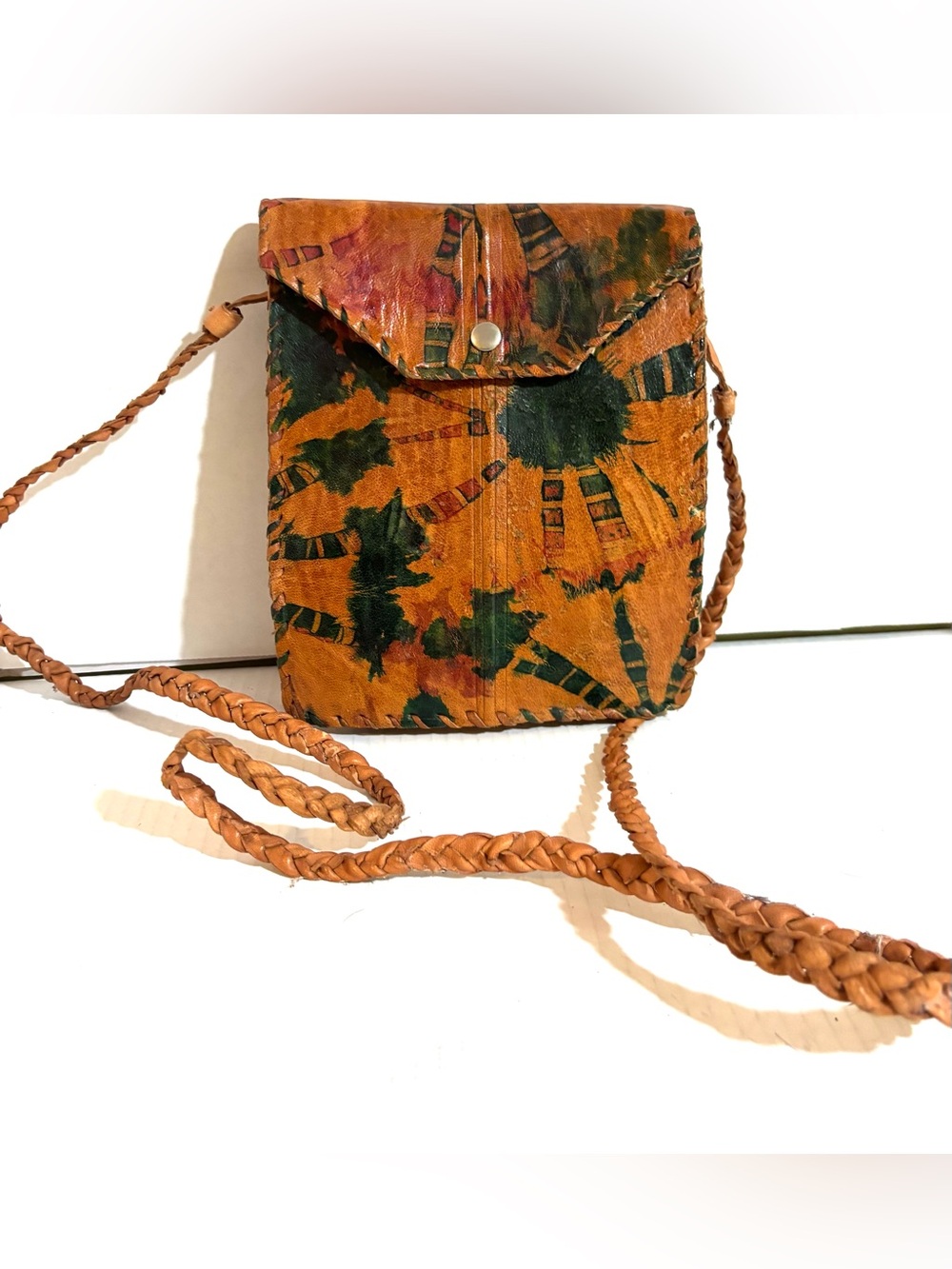 Handmade Artisan Orange and Green Braided-Leather Crossbody Bag
